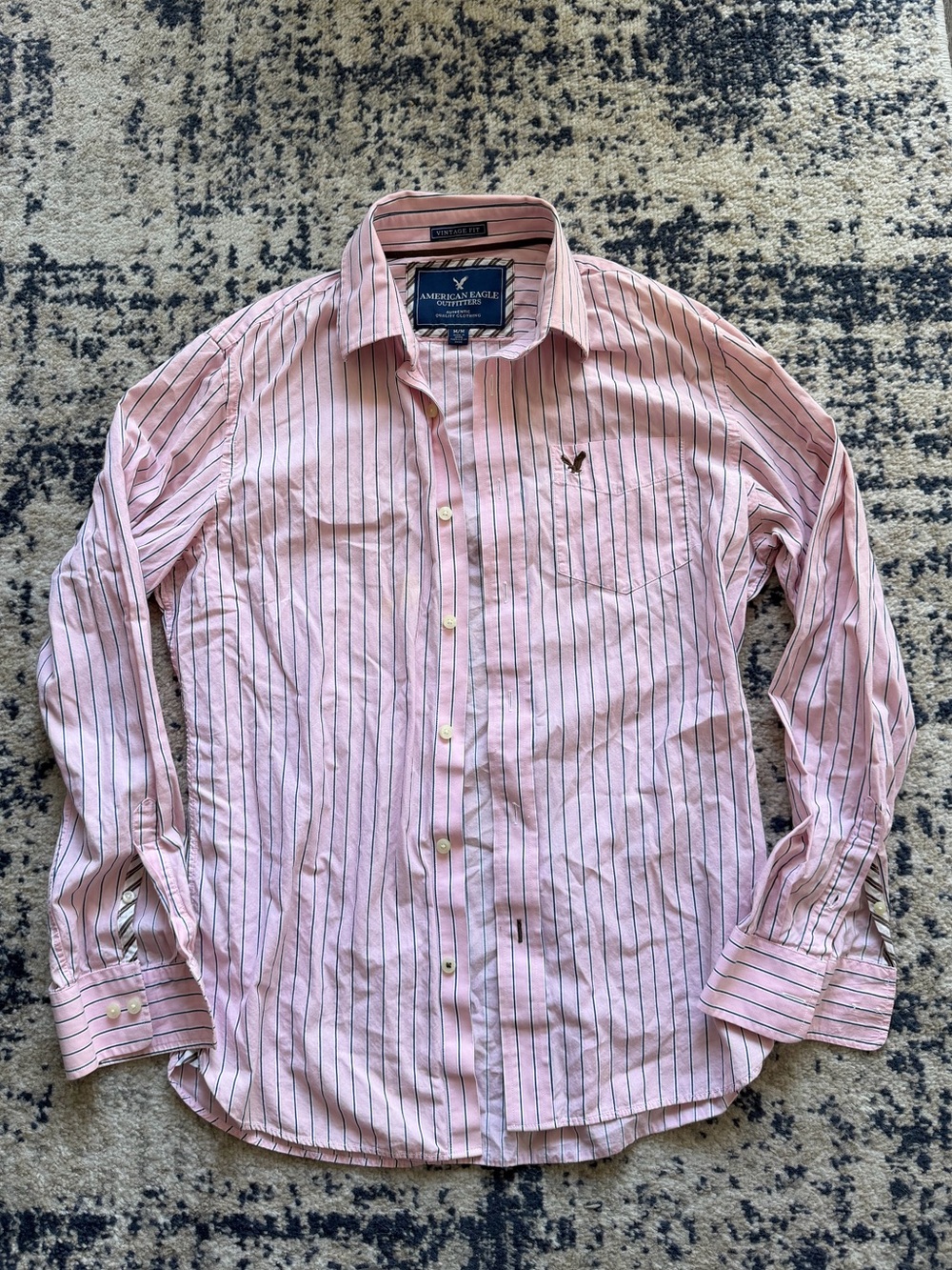 American Eagle Outfitters Pink Button-Up Shirt with Navy Stripes